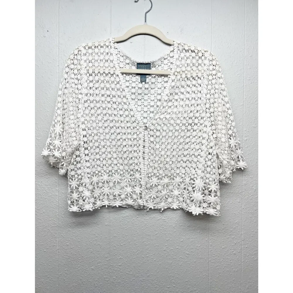 Rabbit Designs White Crochet Cardigan Womens L Cotton Y2K Dainty Fairy Grunge - Picture 2 of 10